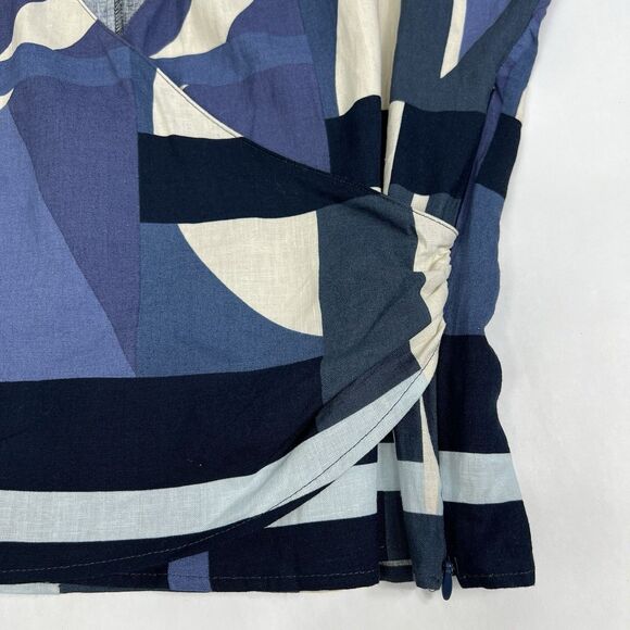 NEW Zara Navy Abstract Geo Print Linen Blend V Neck Cap Sleeve Top Women’s Large - Picture 5 of 8